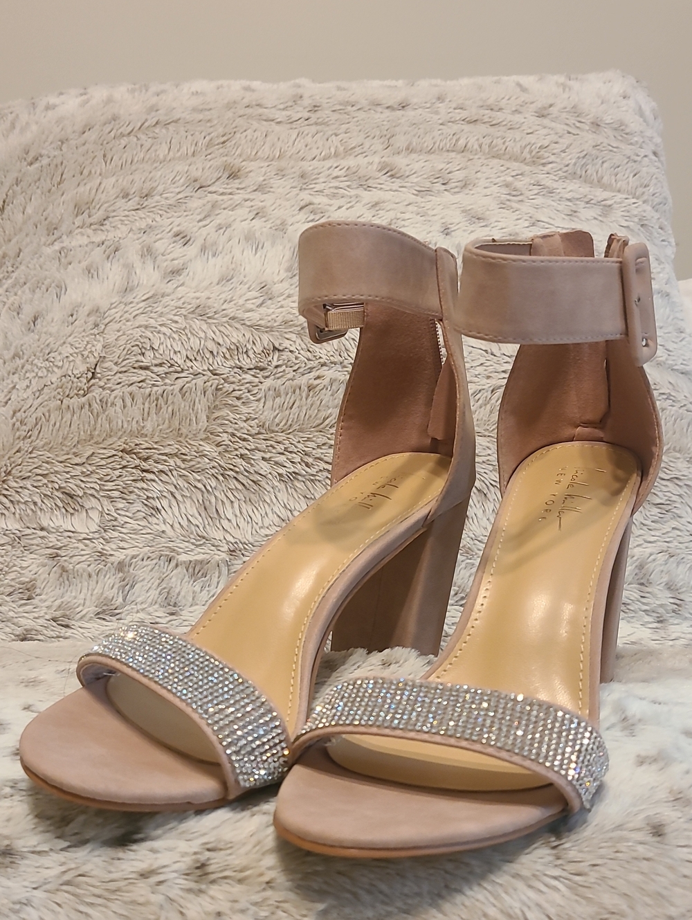 Nicole Miller Blush Suede Ankle-Strap Heels with Crystal Toe Strap